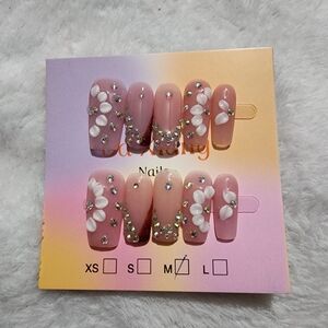 Press-On Nail Set with Pink 3D Floral Accents